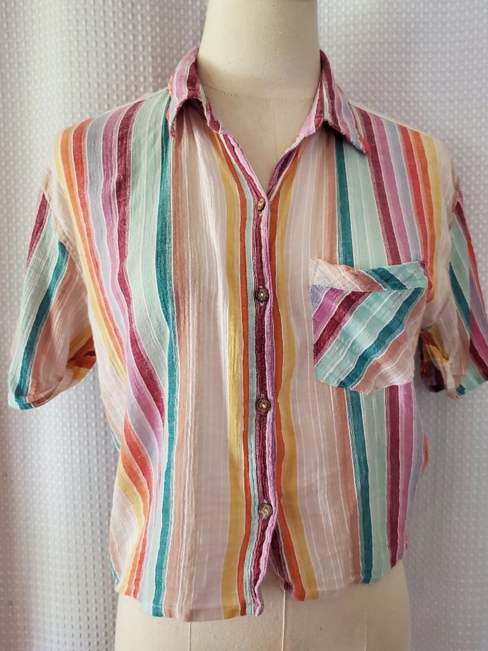 I Love H81 Forever 21 Striped Button Shirt Womens Medium Cotton Crop Top